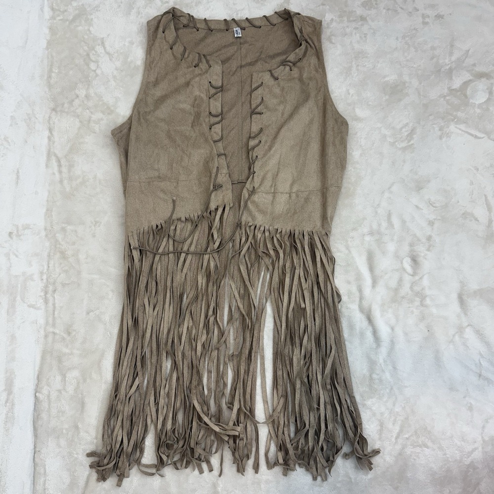 HOTOUCH Womens Fringe Faux Suede Vest Tan Lace Up Western Boho Size L